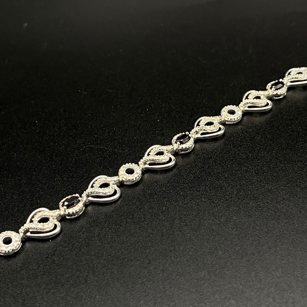 Sterling Silver Smoky Quartz Bracelet Heart Motif Rhodium Plated Signed Size 7.5 - Picture 11 of 13
